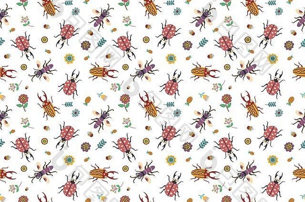 无缝图案彩色昆虫和植物与花园概念。面料、包装、纺织品、壁纸、服装的创意图案纹理。