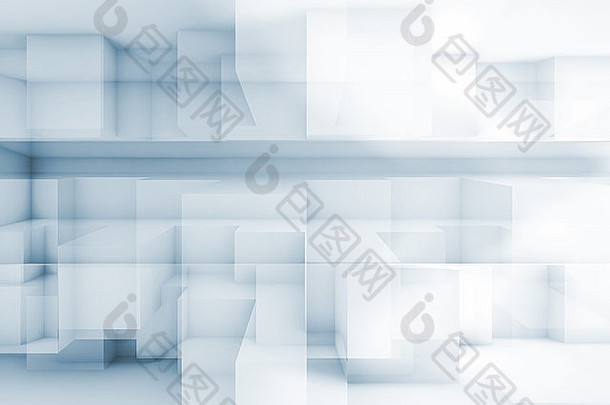 抽象蓝白背景，几何立方体结构，3d插图，多重曝光效果
