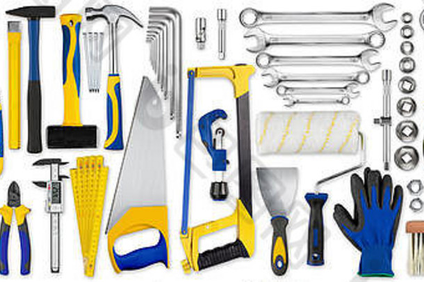 巨大的黄蓝色和木制diy手工工具集合，在白色背景上隔离