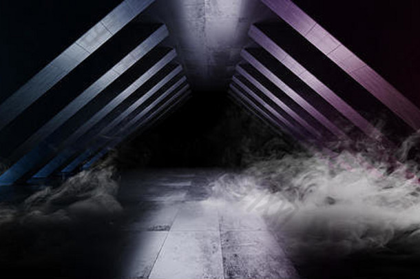 外星人未来主义宇宙飞船隧道走廊三角形立柱水泥深空夜蓝紫色灯光科幻垃圾混凝土反射Hallwa