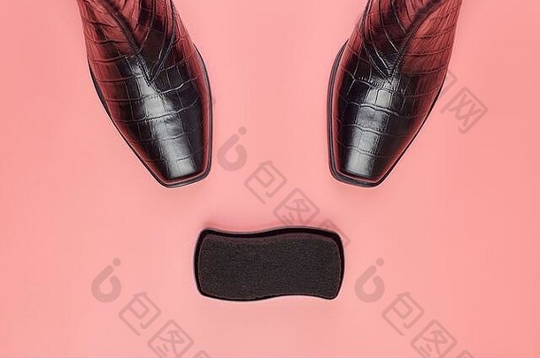 女人鞋子波兰的海绵复制空间粉红色的背景鞋护理间隙出售概念