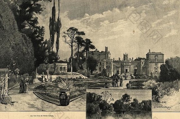 威尔顿之家：私人花园的侧视图。威尔特郡1887 ILN整版