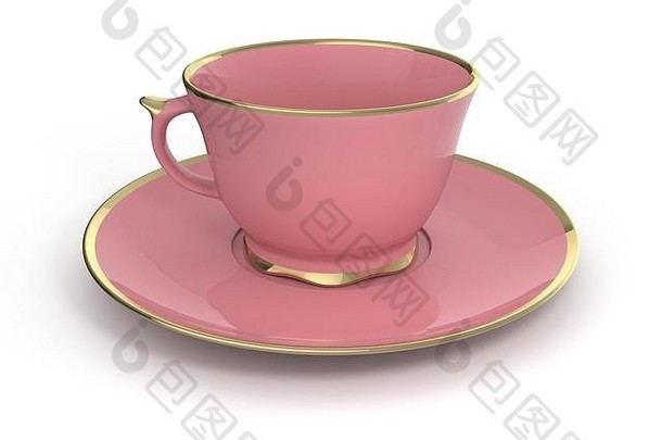 茶托上的独立古董瓷<strong>粉色</strong>茶杯，白色背景上有金色镶边。古董陶器。三维插图。