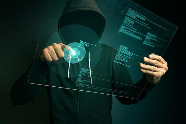 蒙面电脑黑客入侵生物特征安全互联网系统，未来平板电脑上的指纹识别应用程序