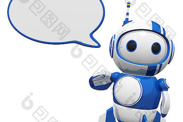 3d可爱的蓝色机器人，脑子里有一个“泡泡”字。你可以决定他要说什么。