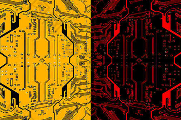 红色和黄色电路板图案适合作为抽象技术背景。经过数字的图像。