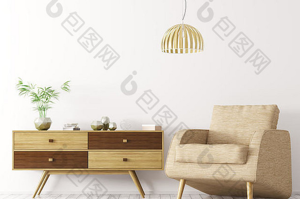 客厅的现代室内，木质橱柜、扶手椅和白色墙壁上的灯3d渲染