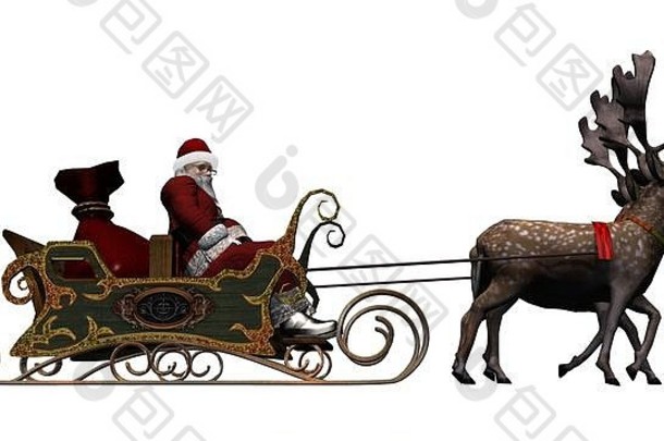 带雪橇和驯鹿的圣诞老人-白色背景上的隔离