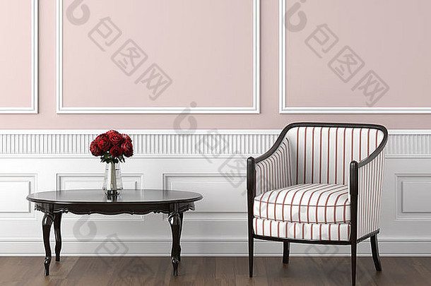 经典客房的室内设计为淡粉色和白色，带有椅子、桌子和玫瑰，上半部分为空间