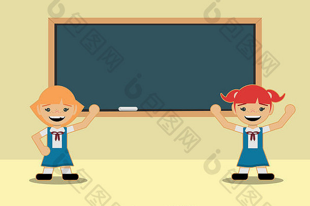 回到学校上课的时候，两个穿着校服的女生暴露在黑板前。平面式设计。