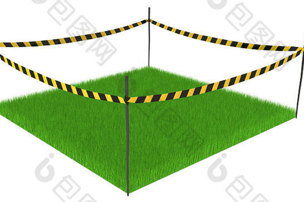 绿色草坪方形警戒线，3d插图，水平，隔离