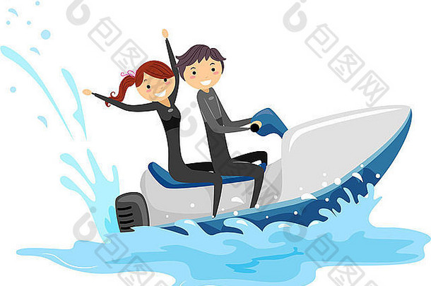 插图夫妇骑飞机滑雪
