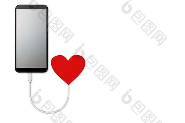 “爱的力量”的概念，在白色背景上隔离手机，屏幕为空白，从红色的心脏开始充电，平放