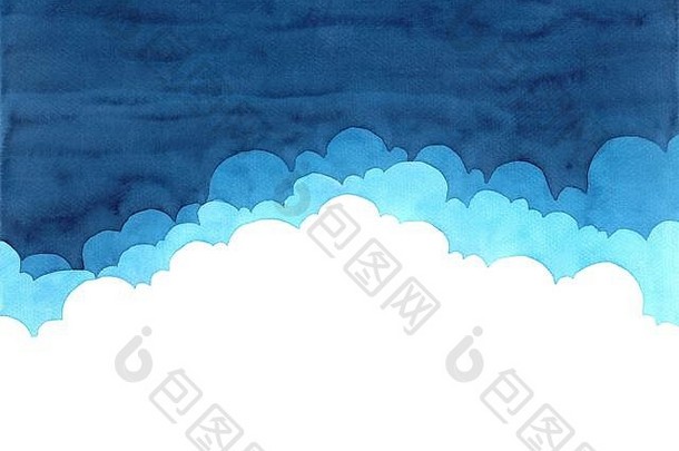 抽象水彩手绘插图中的云概念。明亮的蓝色波浪背景。高分辨率。卡片、封面、印刷品、网页设计。