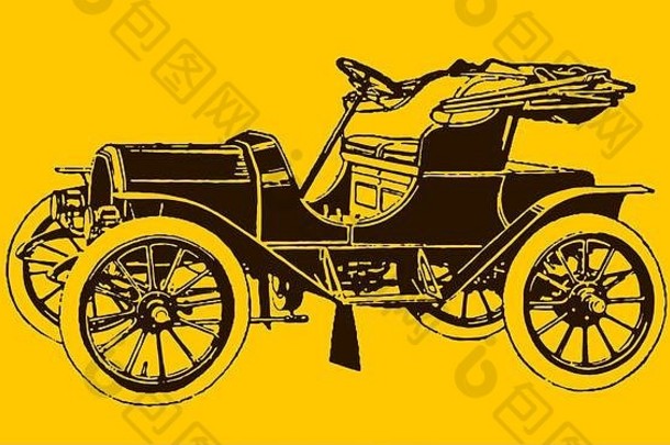 四分之一前视图中的历史电动汽车。20世纪早期的平版印刷或雕刻后的插图。分层编辑