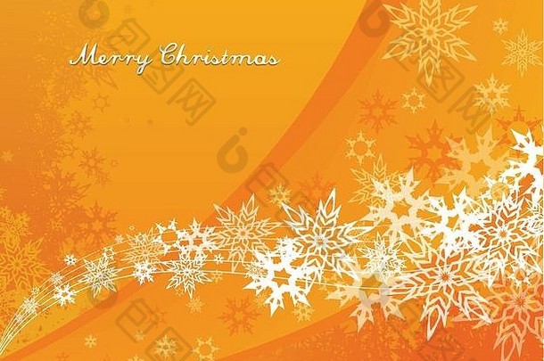 带有雪花和圣诞快乐文本的抽象橙色背景。