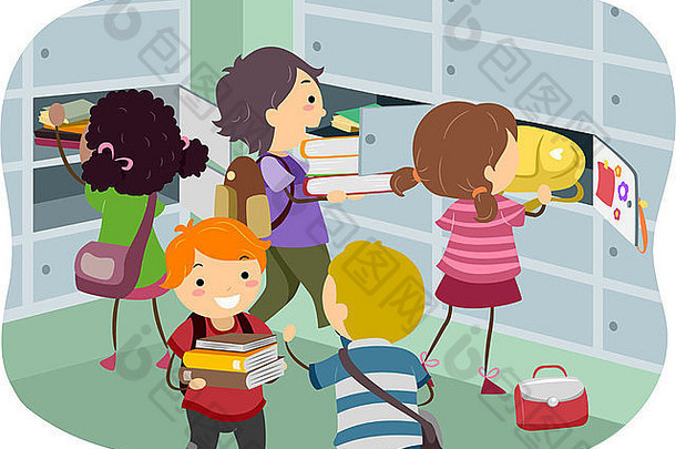 Stickman儿童在储物柜中放置和获取物品的插图