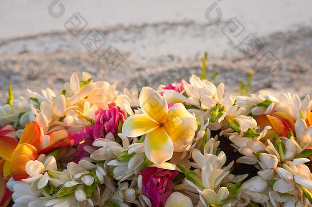 一束美丽的热带花停在白色沙滩上的栏杆上