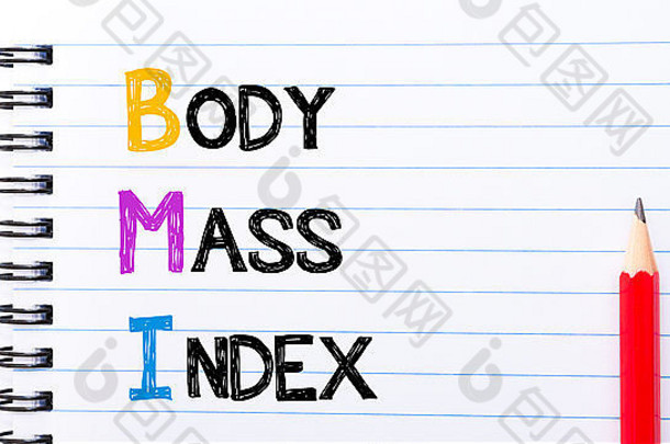 BMI作为体重指数文本写在笔记本页上，红色铅笔在右边。动机概念意象