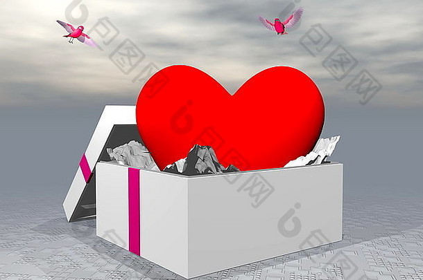 礼品盒中的心形和两只飞鸟