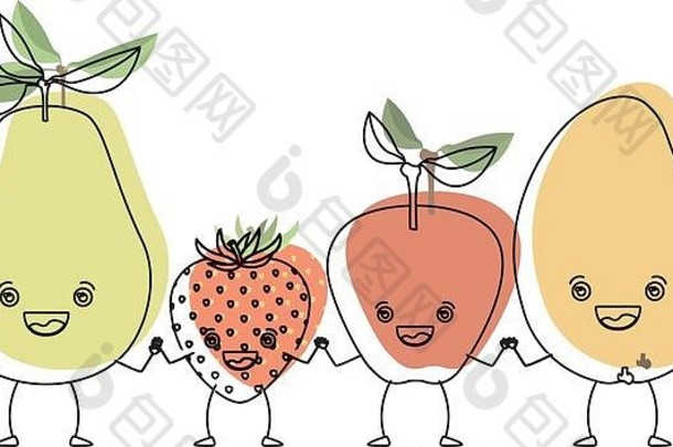 白色背景水彩轮廓集水果梨草莓<strong>芒果</strong>漫画