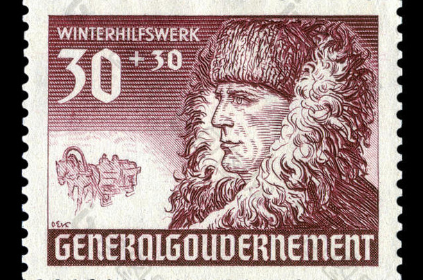 德国历史邮票肖像男人。皮毛外套雪橇拉马系列冬天福利问题波兰的总督