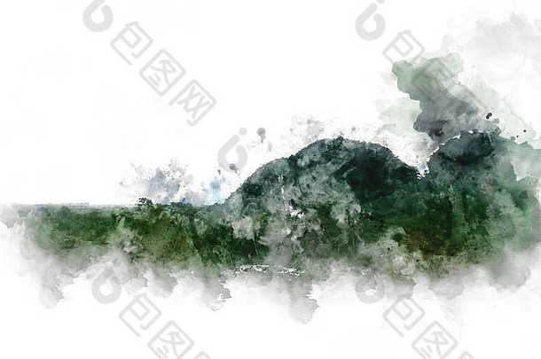 摘要色彩斑斓的山峰树景观水彩插图绘画背景