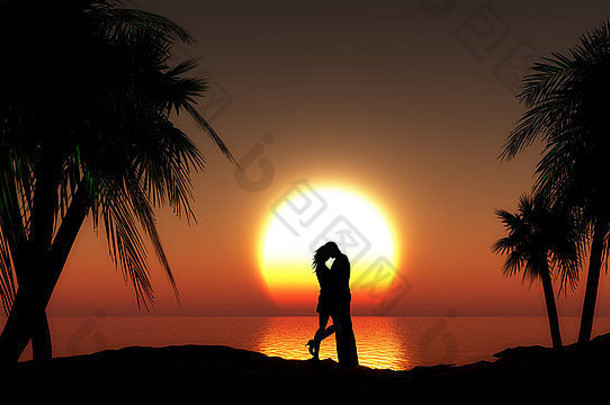 棕榈树映衬夕阳之海