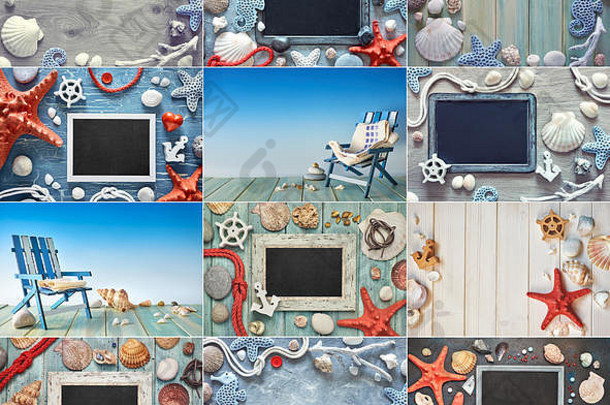 一套12张夏季背景照片，各种纹理背景上有贝壳、石头、绳子和星鱼。在每一页上为文本留出空间。