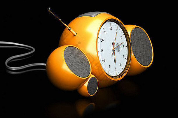 复古橙色闹钟，黑色背景带收音机