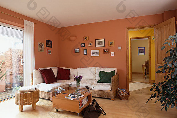 白色垫子柳条沙发terracotta-colored生活房间玻璃罩的咖啡表格木地板