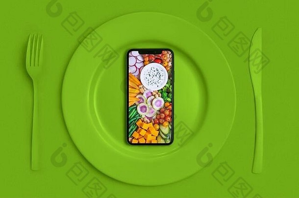订单食物在线食物交付调用带食物首页智能手机蔬菜屏幕说谎板刀叉绿色