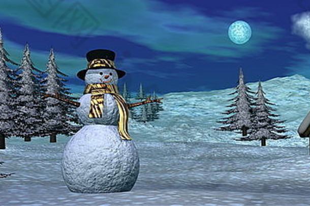 雪人站在雪夜小屋旁边-3D渲染