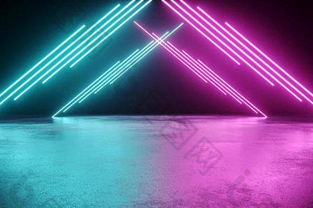 空荡荡的现代科幻未来主义的黑暗房间，反射着肮脏的混凝土地板和蓝紫色霓虹灯，发光的电子管，三角形的灯