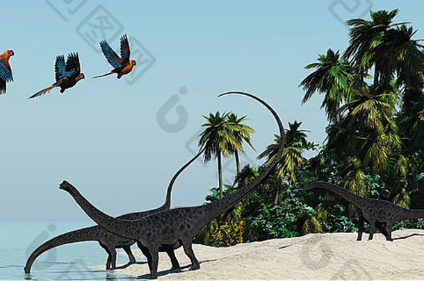 在炎热的热带地区，三只恐龙来到水边喝冷饮。