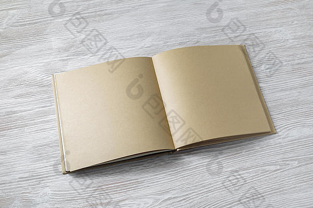在浅色木质背景上打开空白工艺纸页的书。