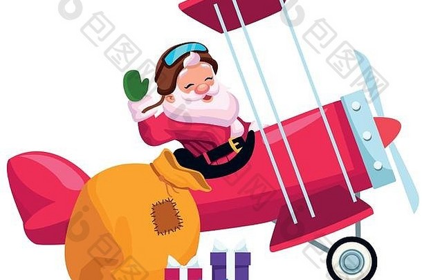 圣诞老人带着礼物包坐在飞机上，平面设计