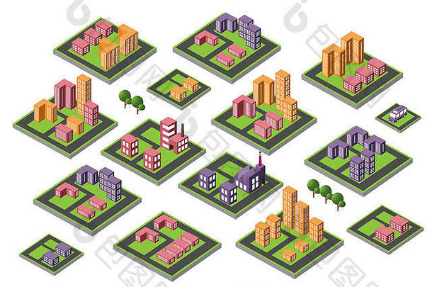 大图标集等距房屋、城市符号和图标。城市标志。