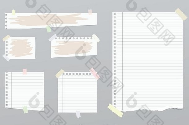 撕下的白色笔记本、便笺、便笺簿和带有画笔笔划的纸张