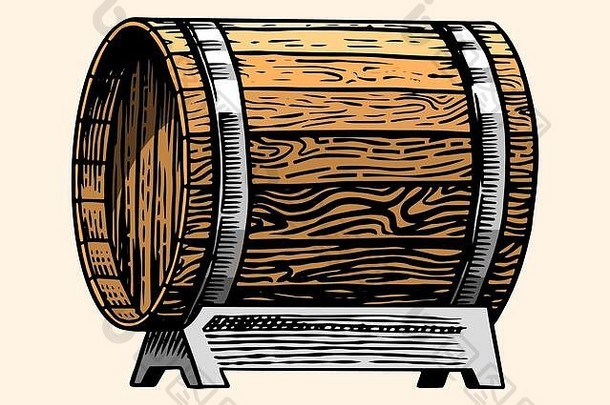 木橡木桶桶酒精船酒白兰地威士忌古董风格手画刻草图酒吧餐厅菜单