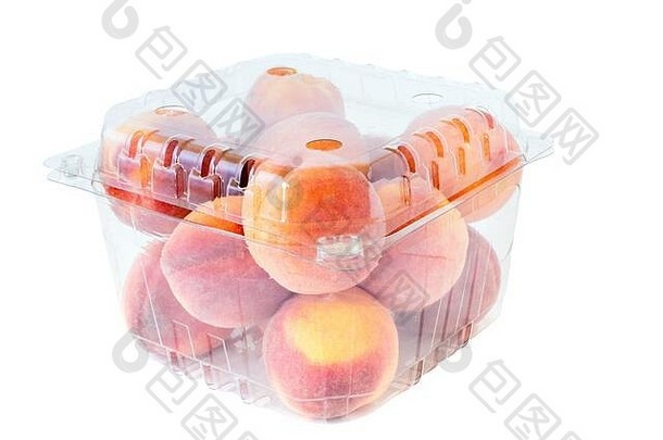 在透明塑料玻璃纸盒中出售的桃子。
