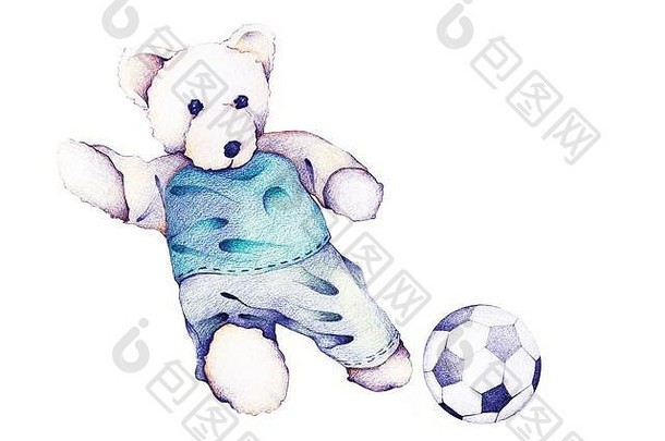 手画可爱的泰迪熊运行踢足球球足球