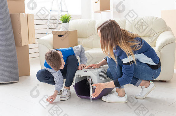 苗条的年轻母亲和小儿子把他们美丽的灰色苏格兰折叠猫放进起居室的新公寓。传统观念