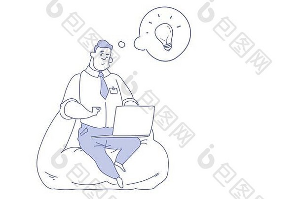 商人使用笔记本电脑产生创意创新理念商人灵感灯创业草图涂鸦水平