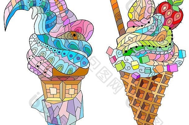 一套手绘彩色zentangle冰淇淋插图