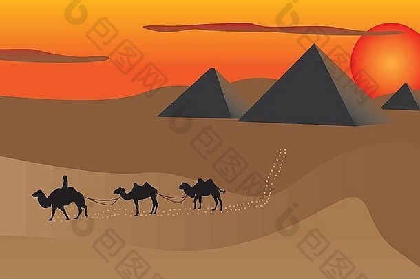 日落时的金字塔和骆驼。