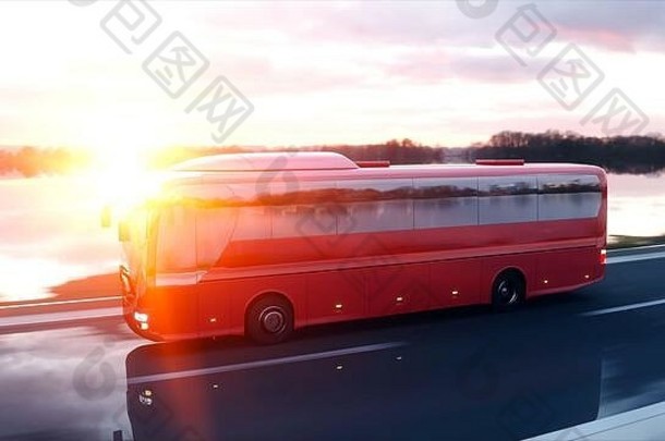 公路、高速公路上的红色旅游巴士。开得很快。旅游和旅游概念。三维渲染。