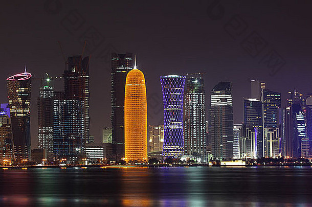 多哈回合谈判天际线晚上卡塔尔中间东