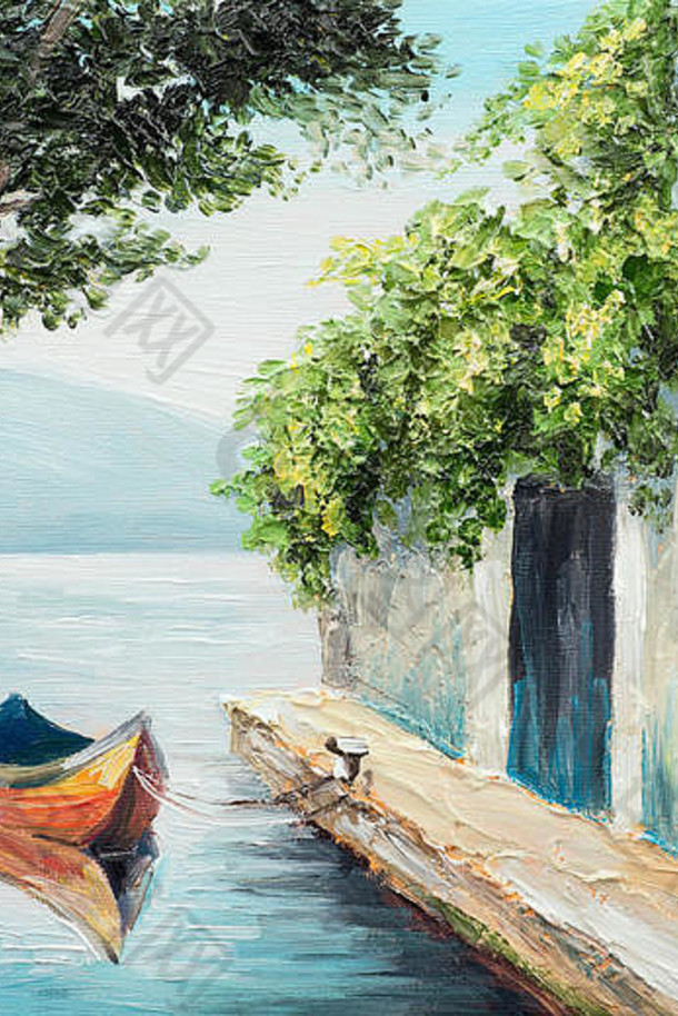 油画，威尼斯的平底船，意大利美丽的夏日，抽象画