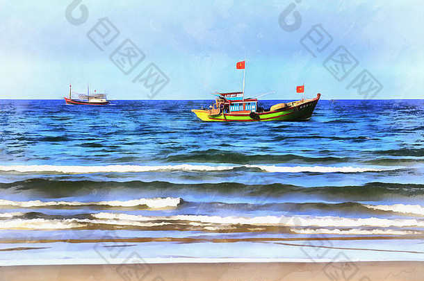 海景色彩斑斓的绘画钓鱼船
